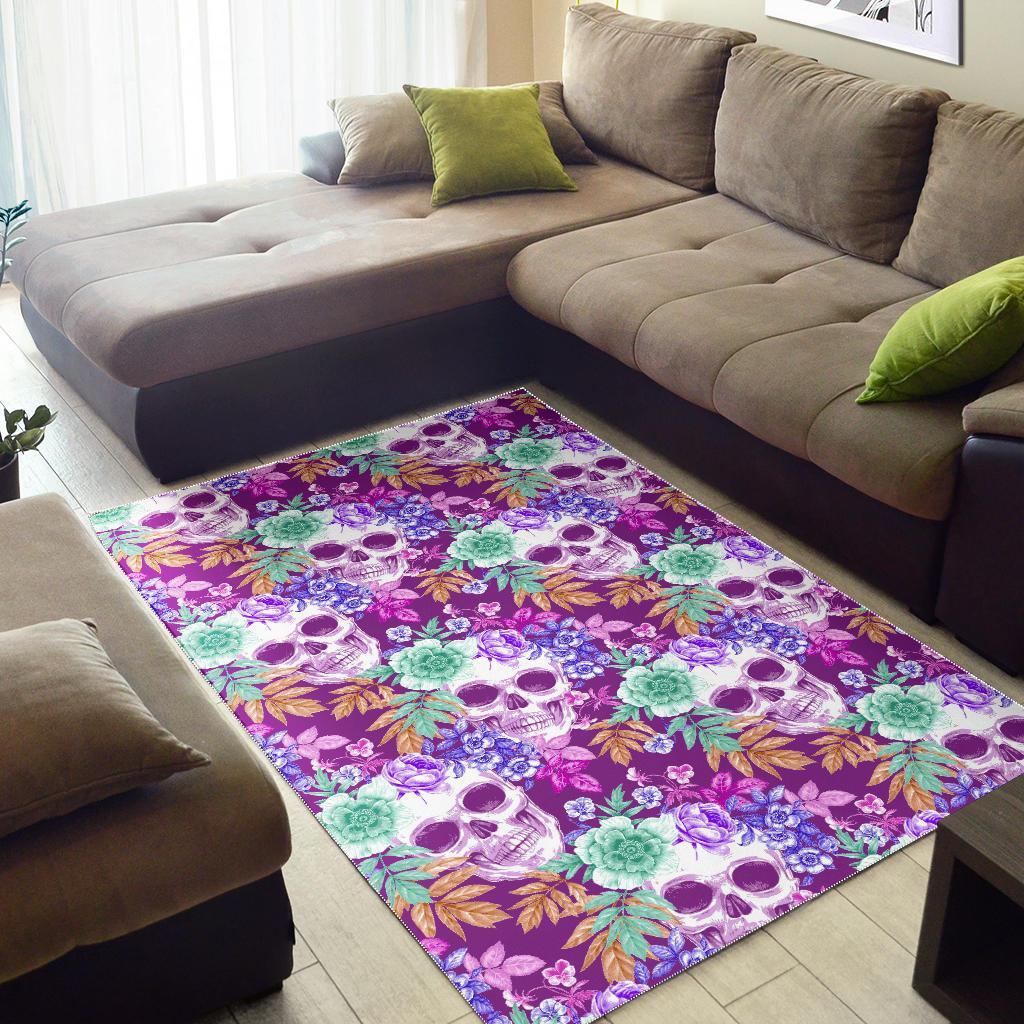Neon Skull Floral Pattern Print Area Rug