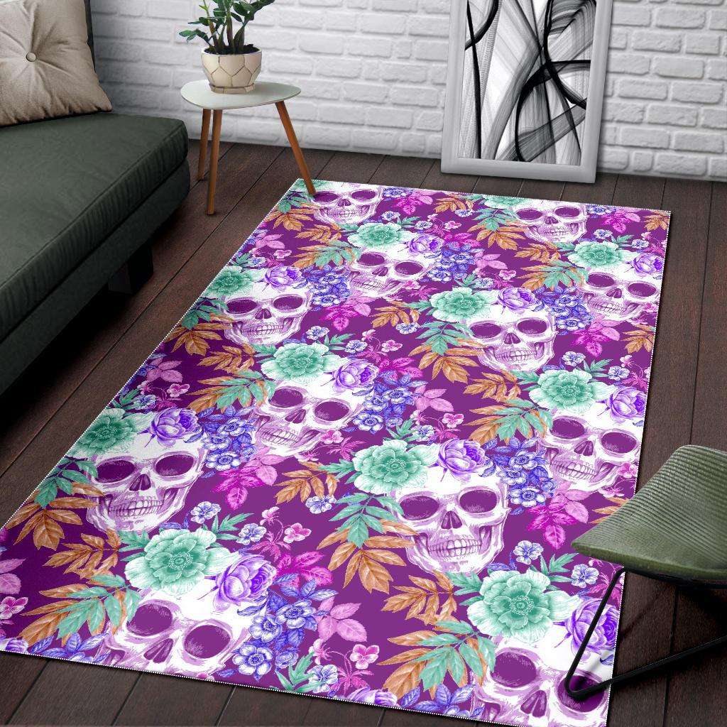 Neon Skull Floral Pattern Print Area Rug