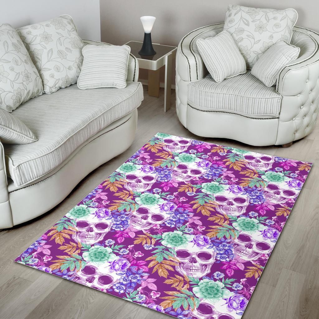 Neon Skull Floral Pattern Print Area Rug
