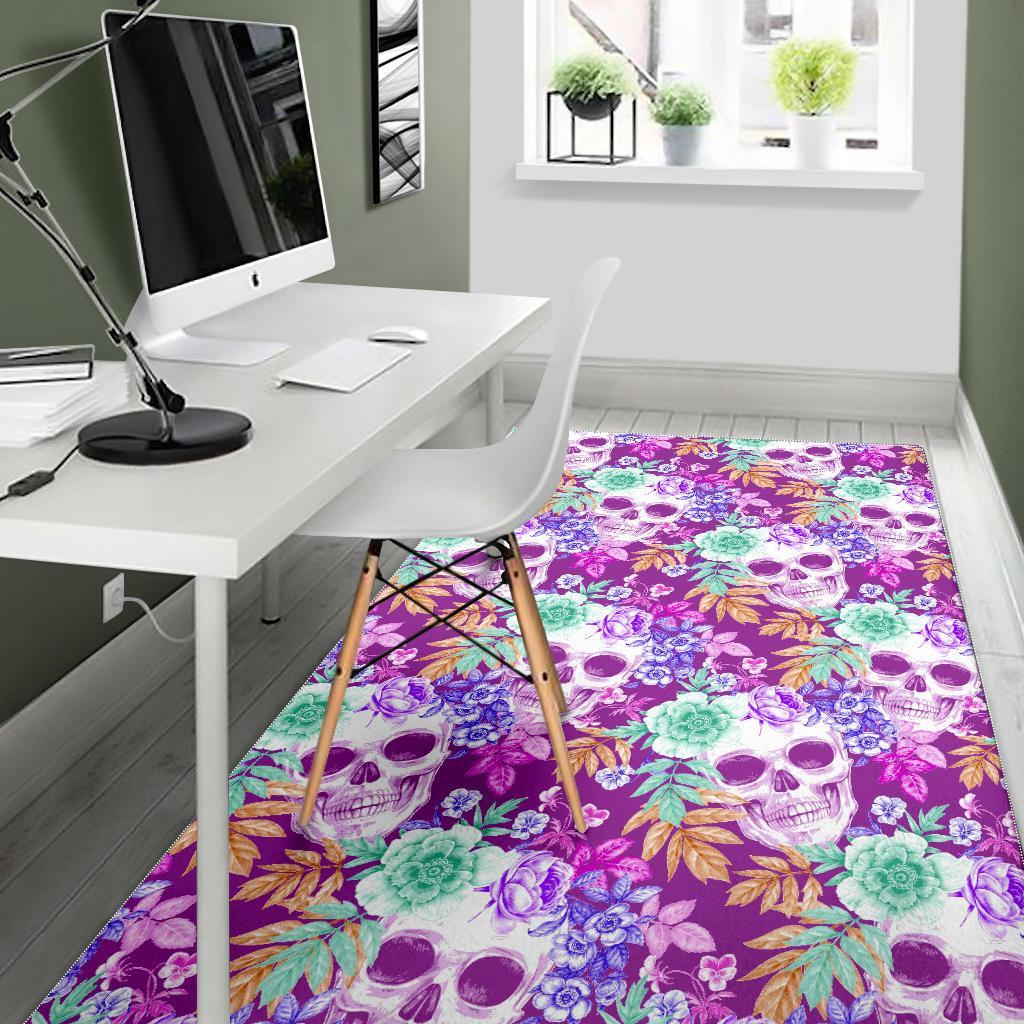 Neon Skull Floral Pattern Print Area Rug