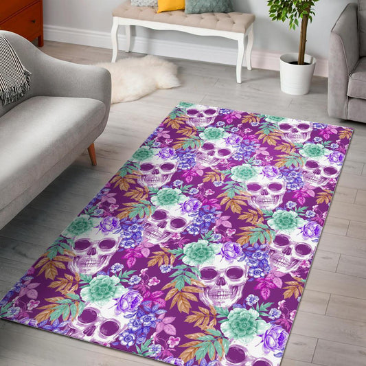 Neon Skull Floral Pattern Print Area Rug