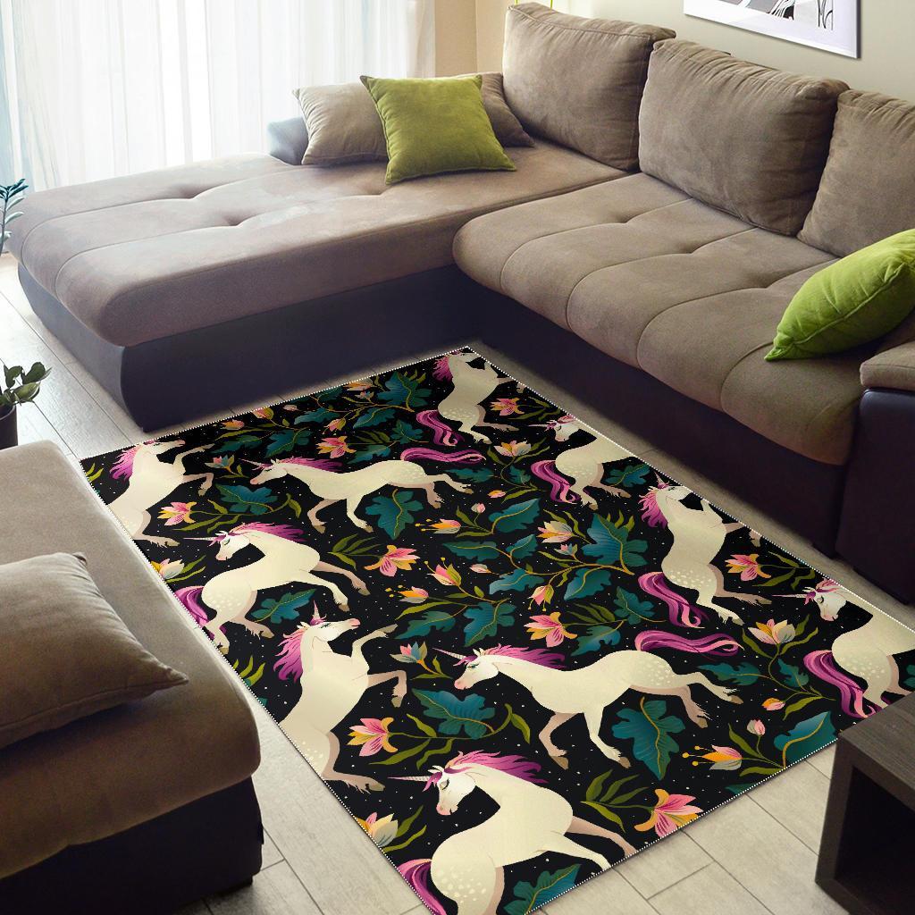 Night Floral Unicorn Pattern Print Area Rug