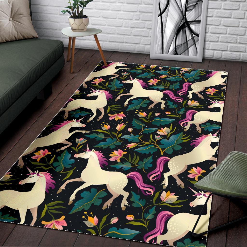 Night Floral Unicorn Pattern Print Area Rug