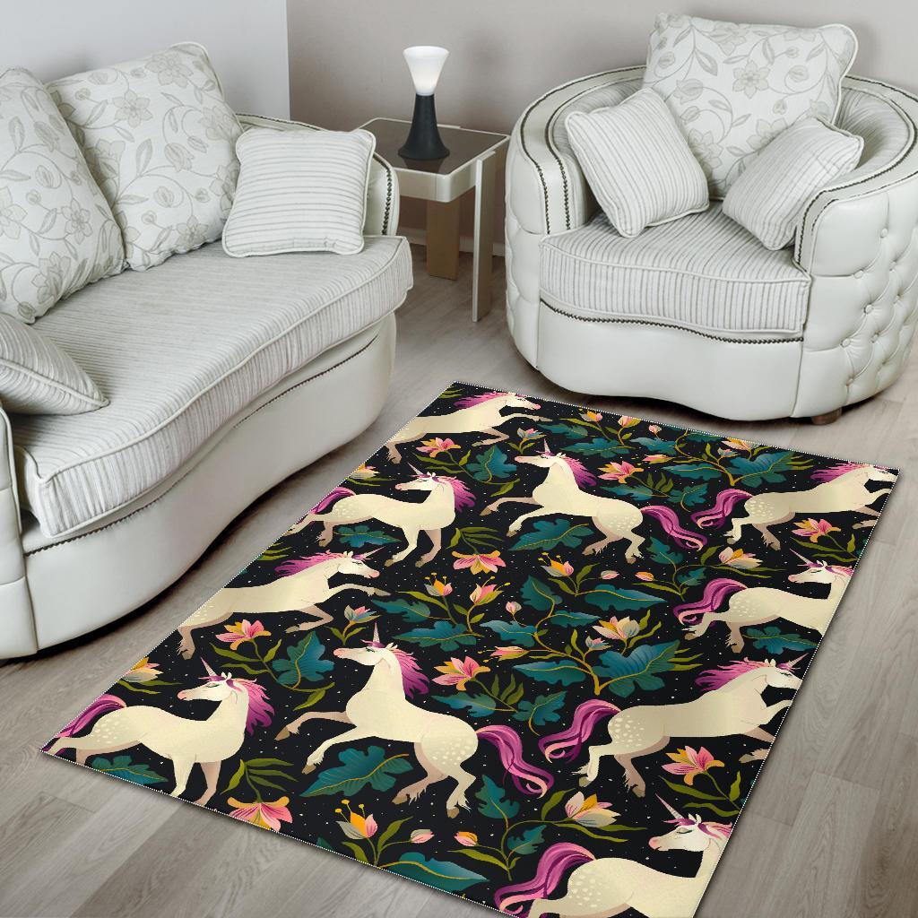 Night Floral Unicorn Pattern Print Area Rug