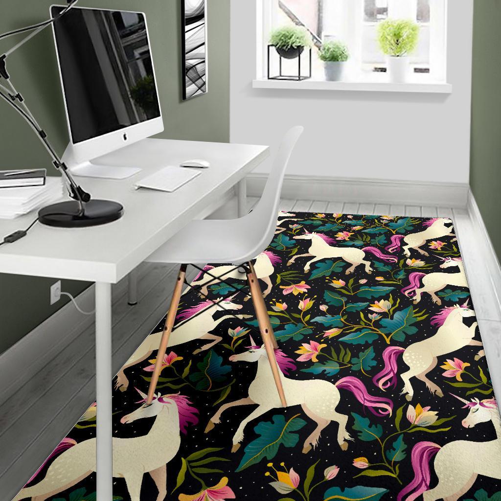 Night Floral Unicorn Pattern Print Area Rug
