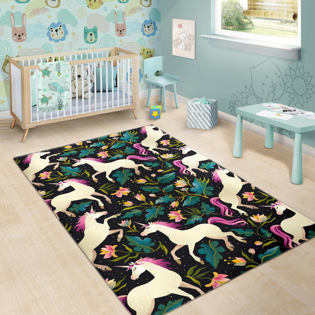 Night Floral Unicorn Pattern Print Area Rug