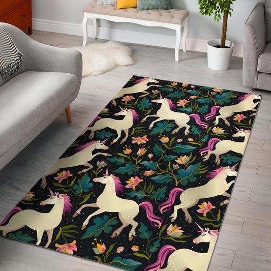 Night Floral Unicorn Pattern Print Area Rug