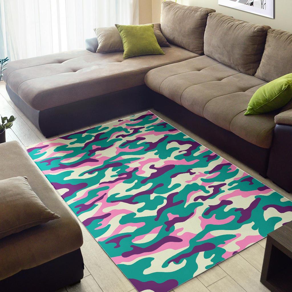 Pastel Teal And Purple Camouflage Print Area Rug