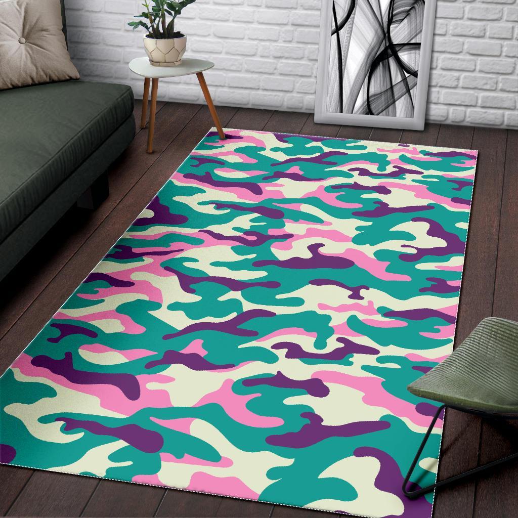 Pastel Teal And Purple Camouflage Print Area Rug