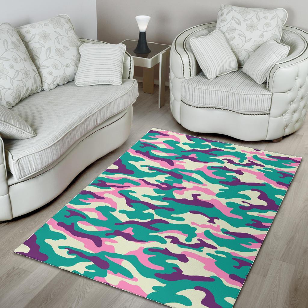 Pastel Teal And Purple Camouflage Print Area Rug