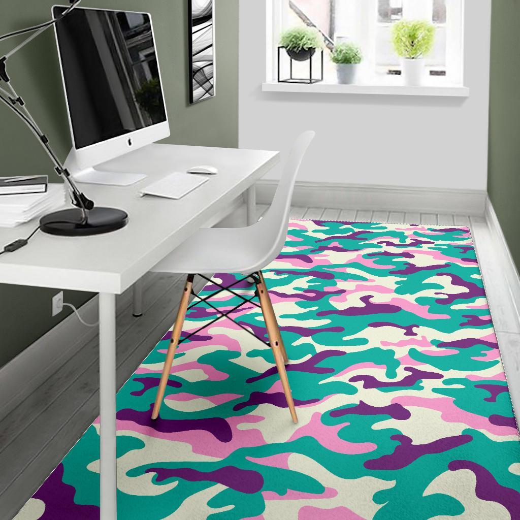Pastel Teal And Purple Camouflage Print Area Rug