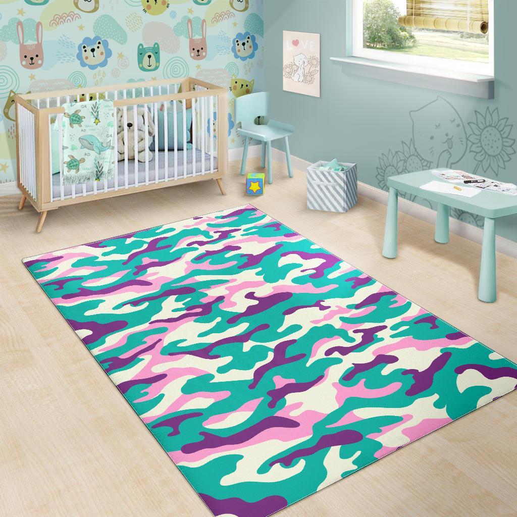 Pastel Teal And Purple Camouflage Print Area Rug