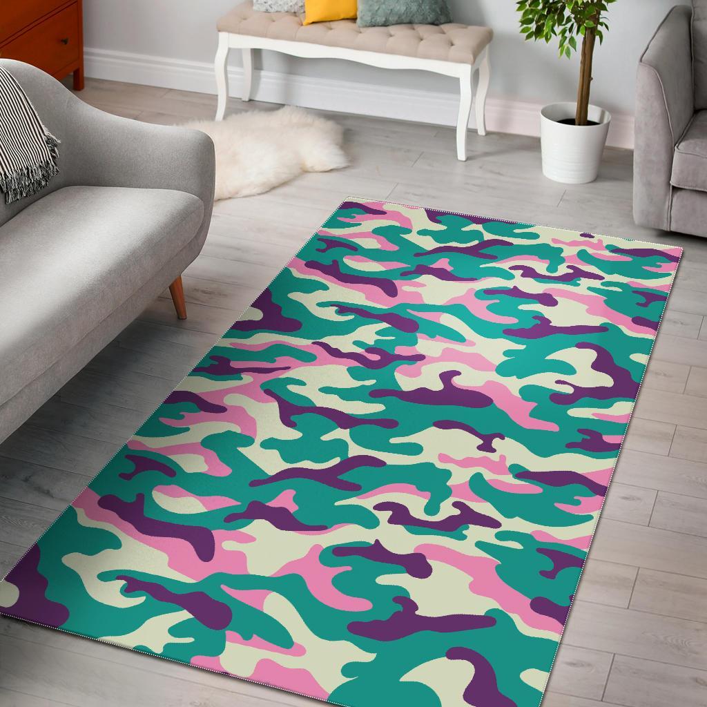 Pastel Teal And Purple Camouflage Print Area Rug