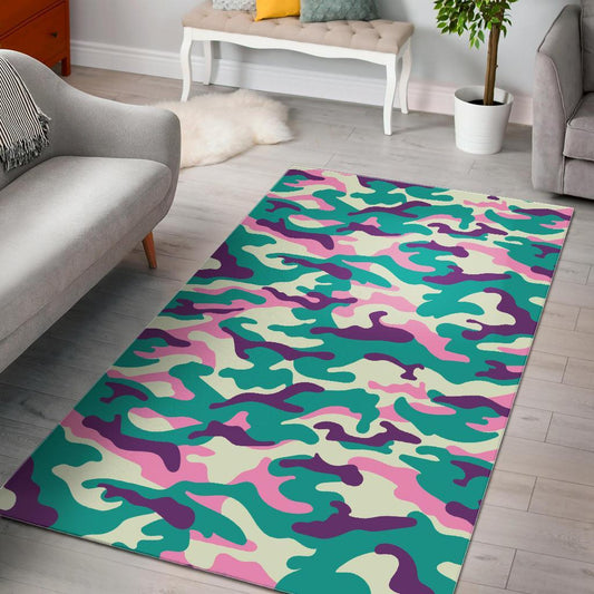 Pastel Teal And Purple Camouflage Print Area Rug