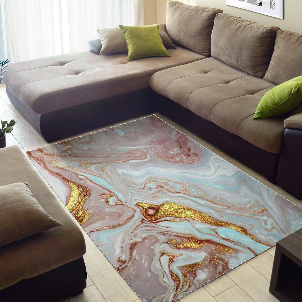 Pink Gold Liquid Marble Print Area Rug