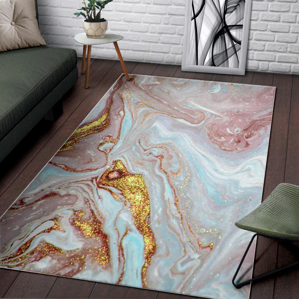 Pink Gold Liquid Marble Print Area Rug