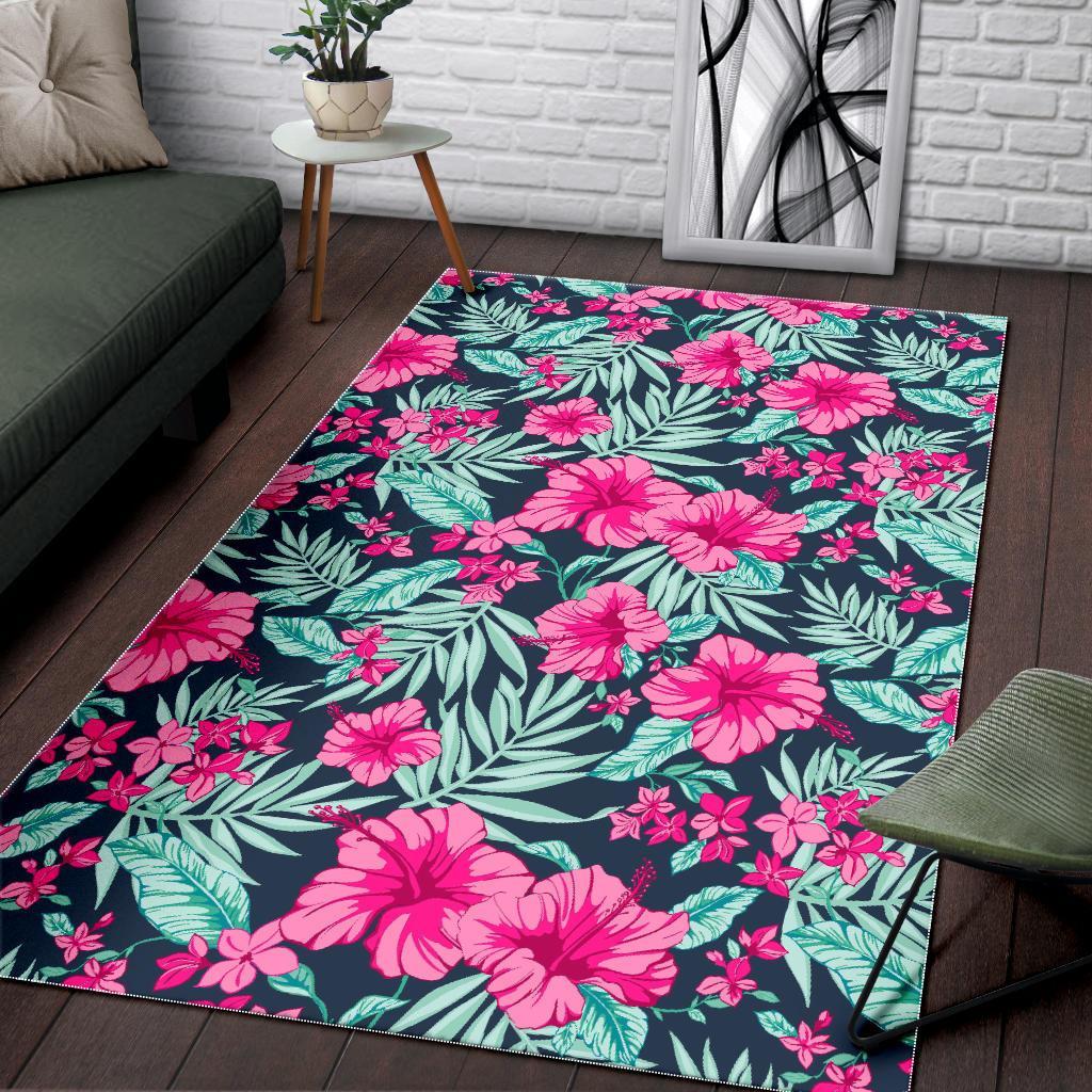 Pink Hibiscus Tropical Pattern Print Area Rug