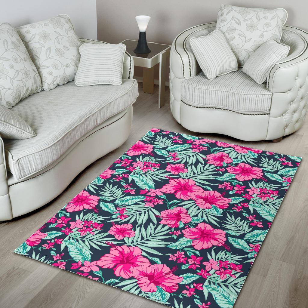 Pink Hibiscus Tropical Pattern Print Area Rug