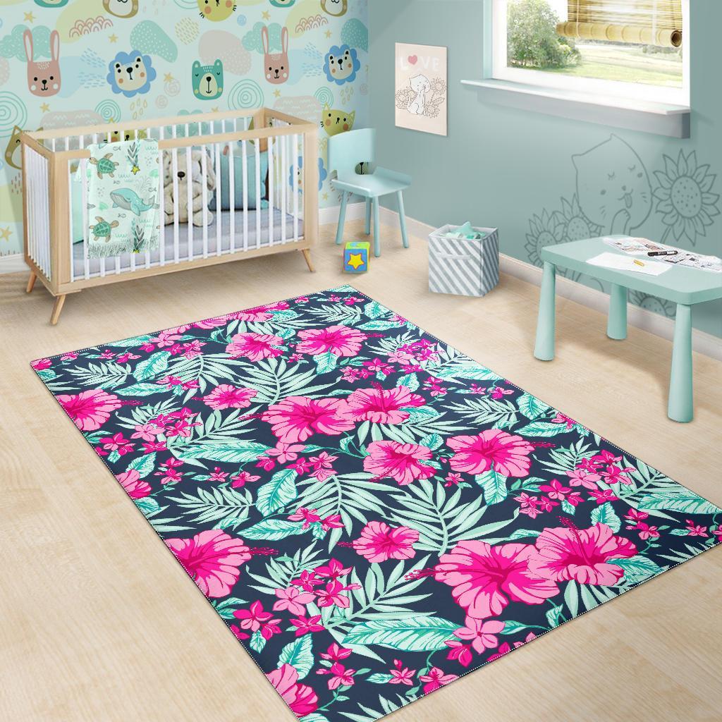 Pink Hibiscus Tropical Pattern Print Area Rug