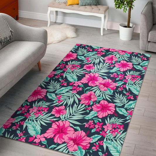 Pink Hibiscus Tropical Pattern Print Area Rug