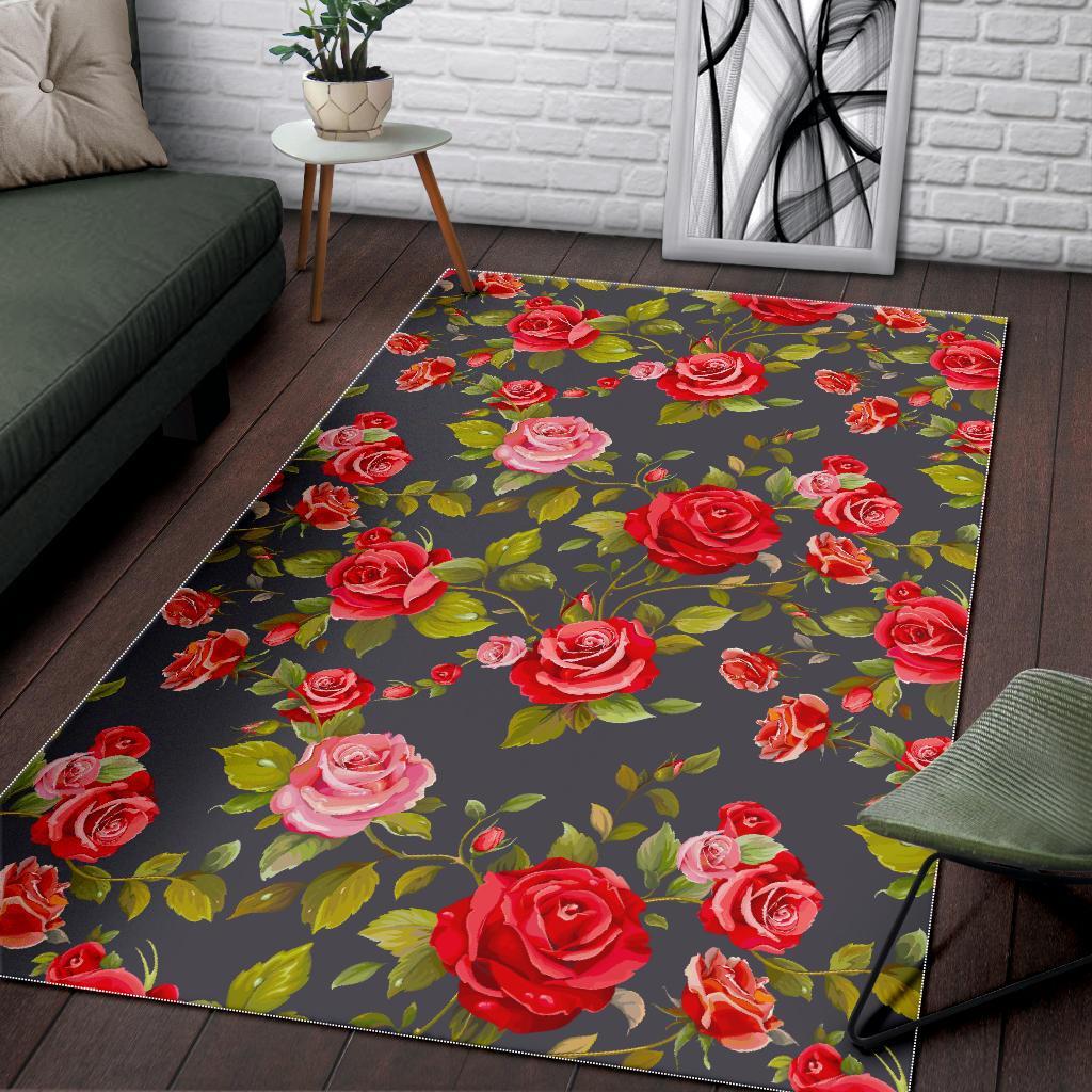 Pink Red Rose Floral Pattern Print Area Rug