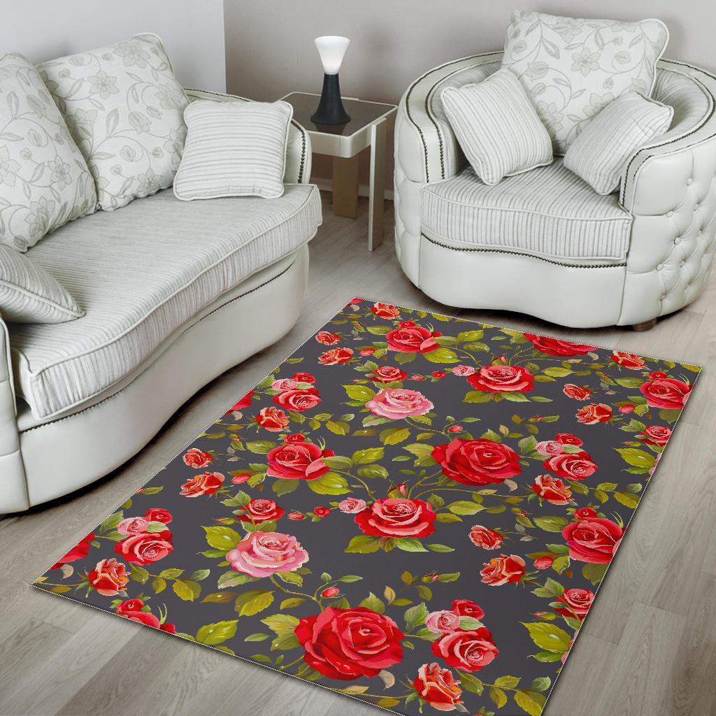 Pink Red Rose Floral Pattern Print Area Rug