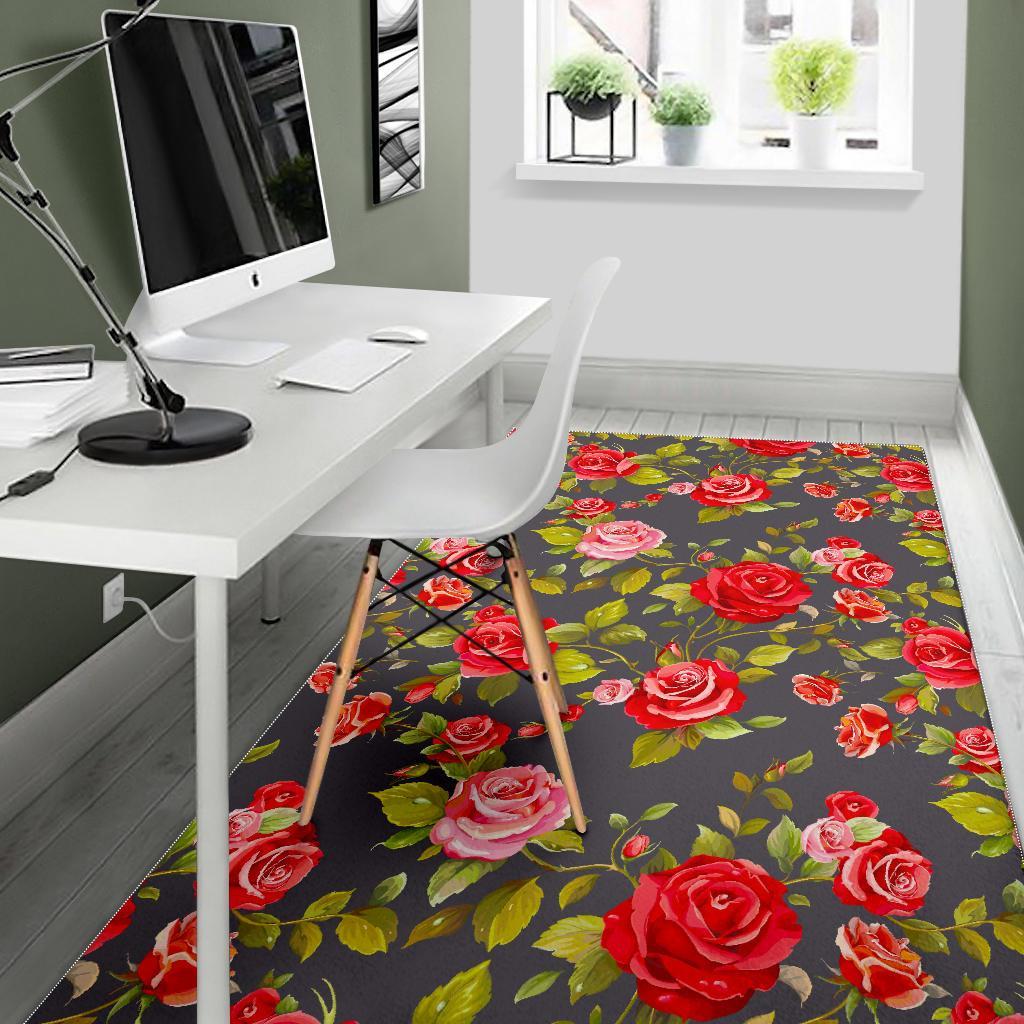 Pink Red Rose Floral Pattern Print Area Rug