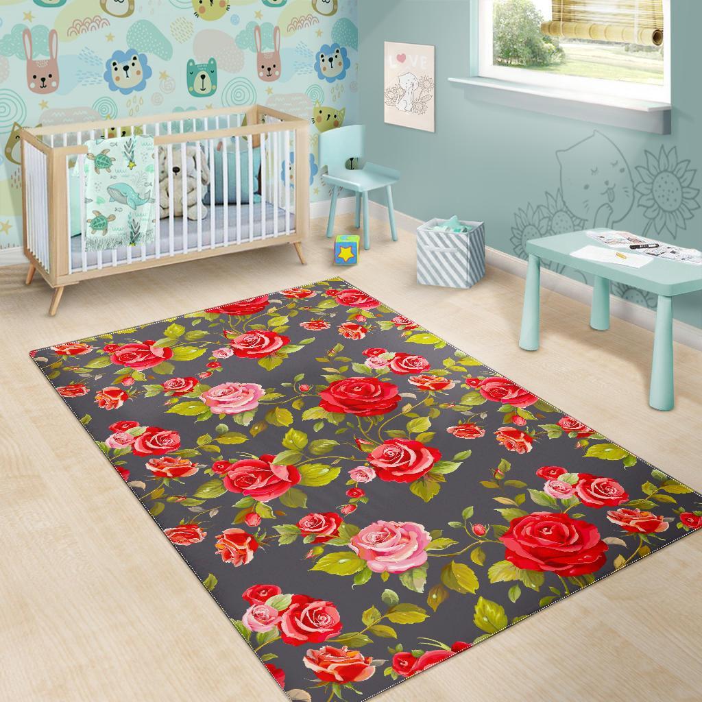 Pink Red Rose Floral Pattern Print Area Rug