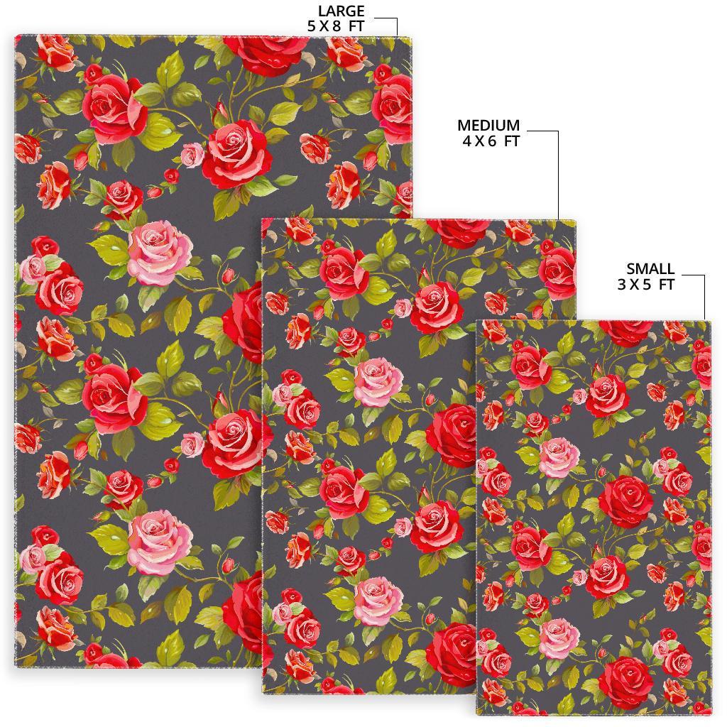 Pink Red Rose Floral Pattern Print Area Rug