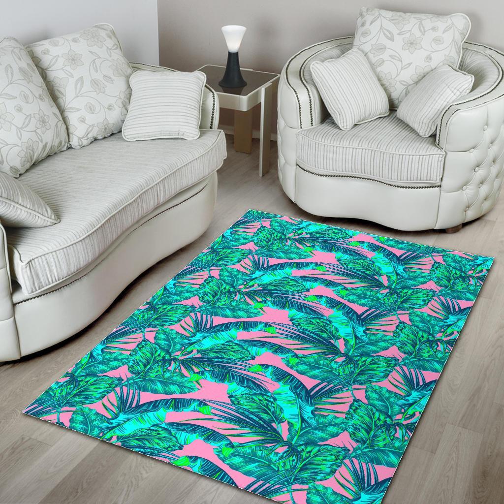Pink Teal Tropical Leaf Pattern Print Area Rug