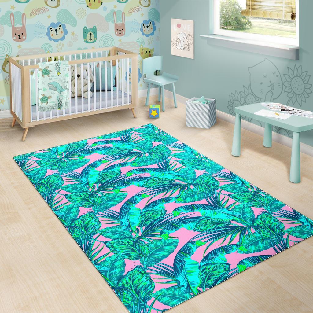 Pink Teal Tropical Leaf Pattern Print Area Rug