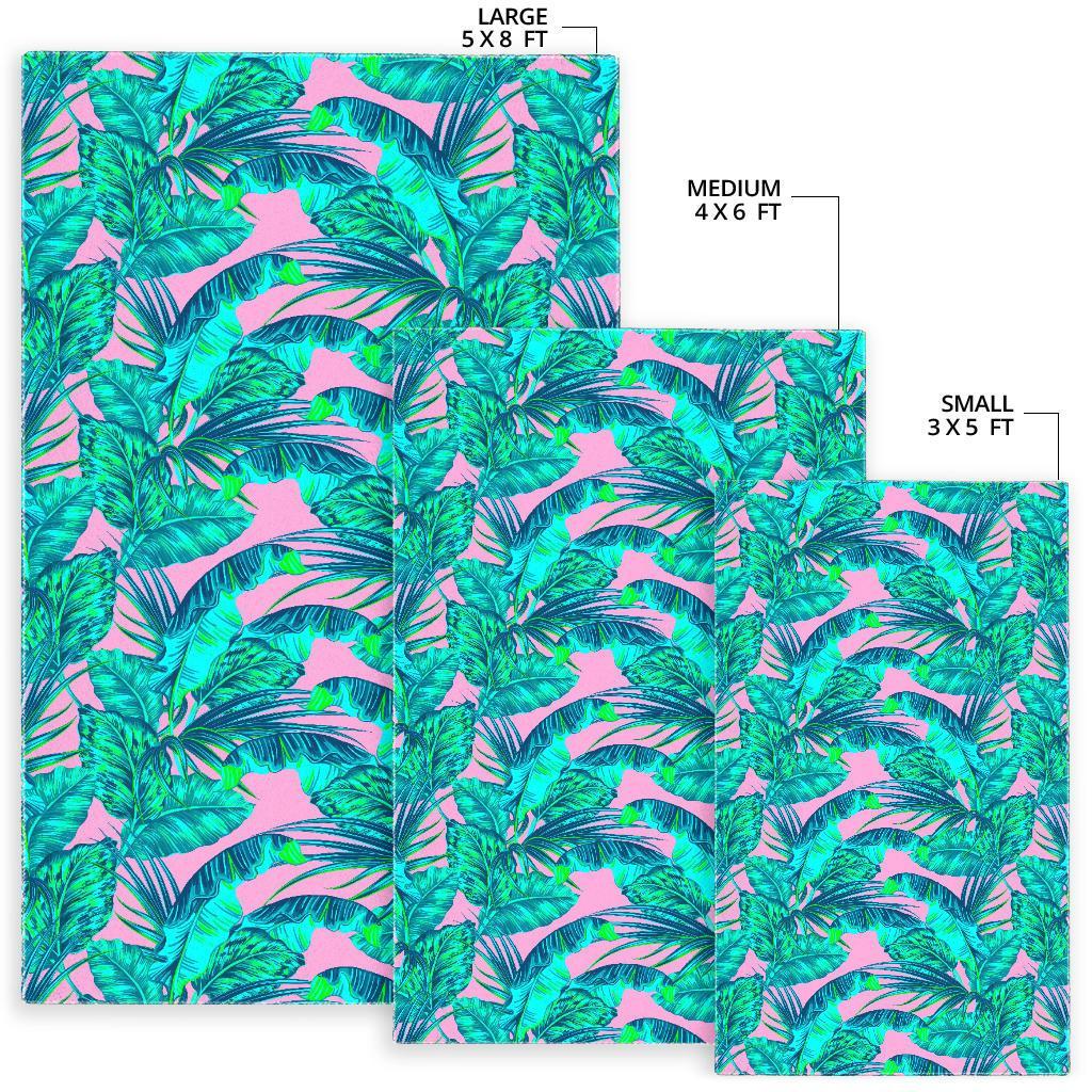 Pink Teal Tropical Leaf Pattern Print Area Rug