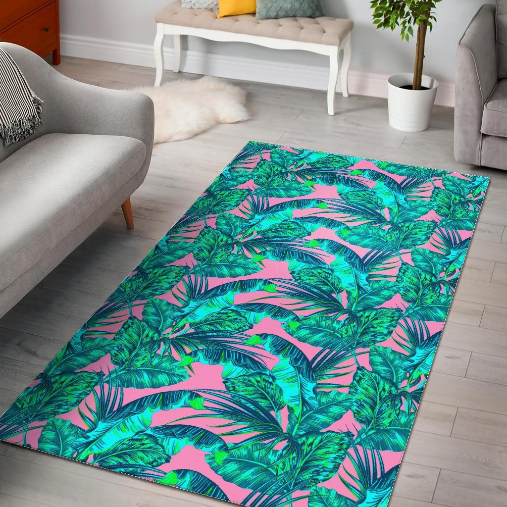 Pink Teal Tropical Leaf Pattern Print Area Rug