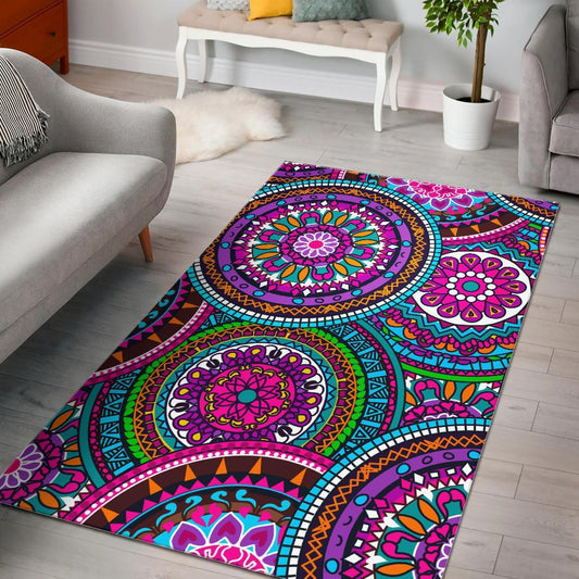Purple Teal Circle Mandala Print Area Rug