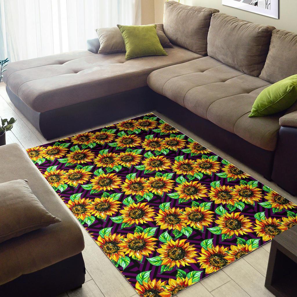 Purple Trippy Sunflower Pattern Print Area Rug