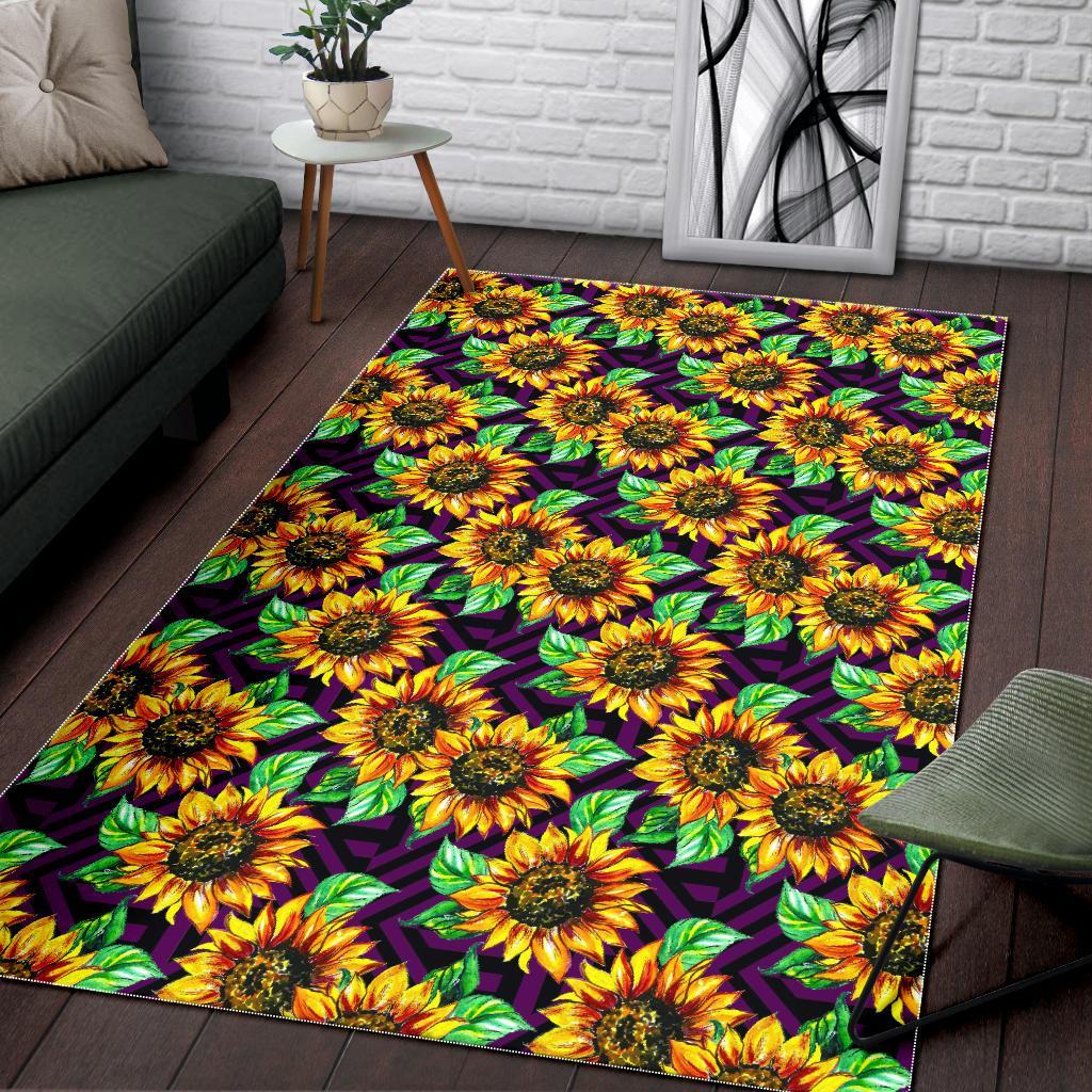 Purple Trippy Sunflower Pattern Print Area Rug
