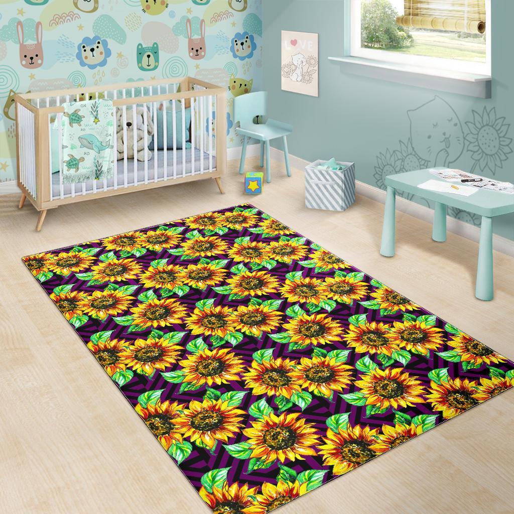 Purple Trippy Sunflower Pattern Print Area Rug