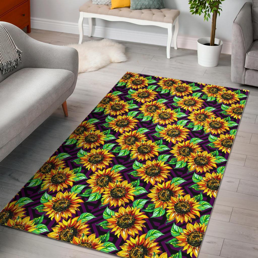Purple Trippy Sunflower Pattern Print Area Rug