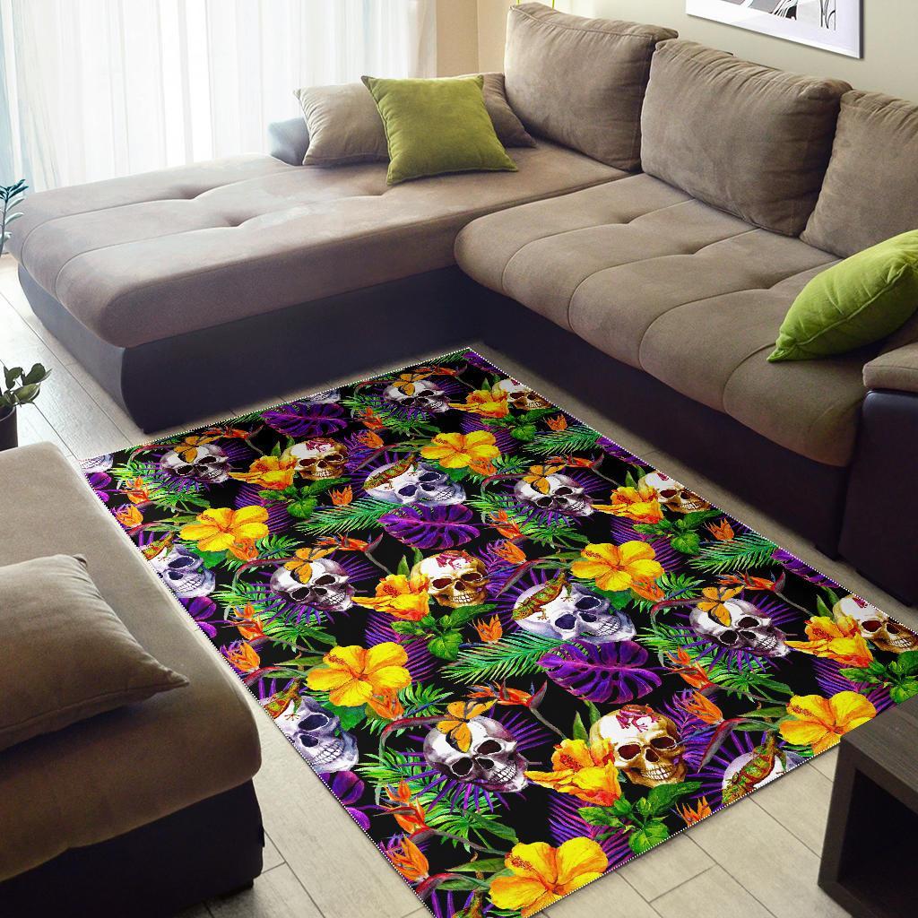 Purple Tropical Skull Pattern Print Area Rug