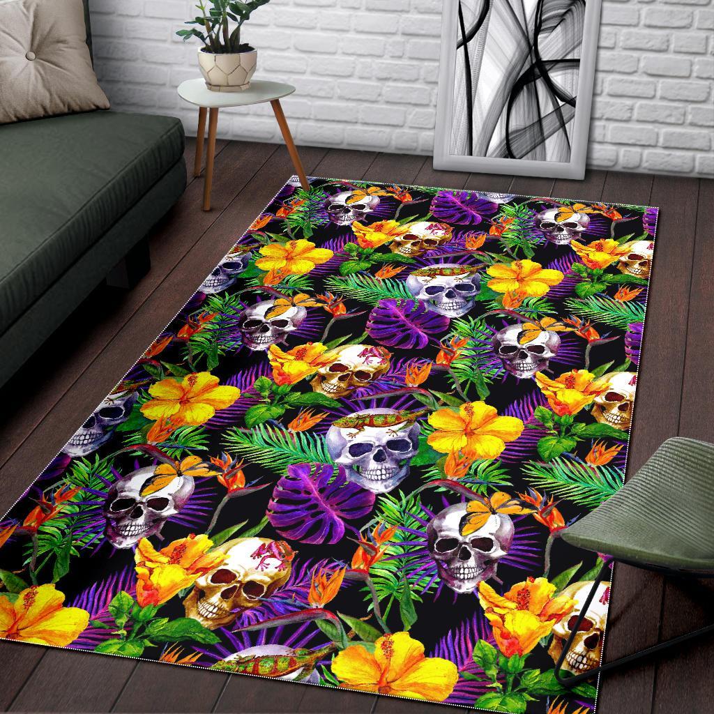 Purple Tropical Skull Pattern Print Area Rug