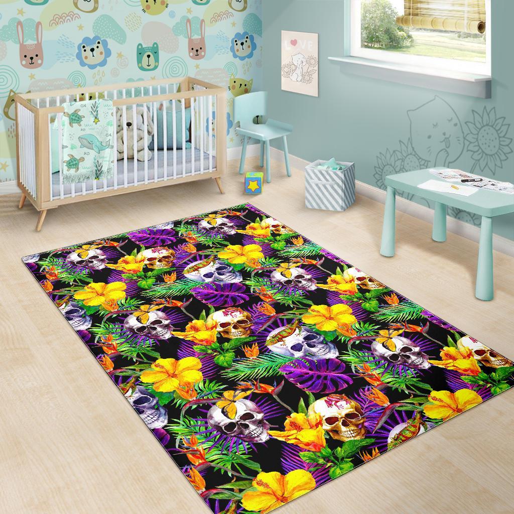 Purple Tropical Skull Pattern Print Area Rug