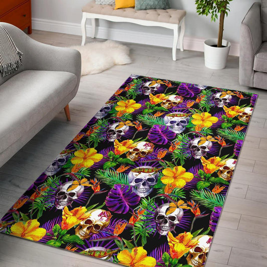 Purple Tropical Skull Pattern Print Area Rug