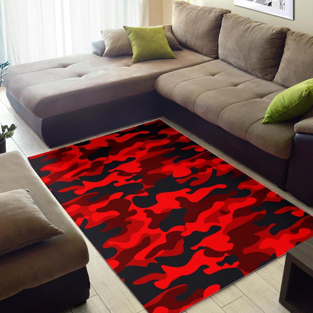 Red And Black Camouflage Print Area Rug