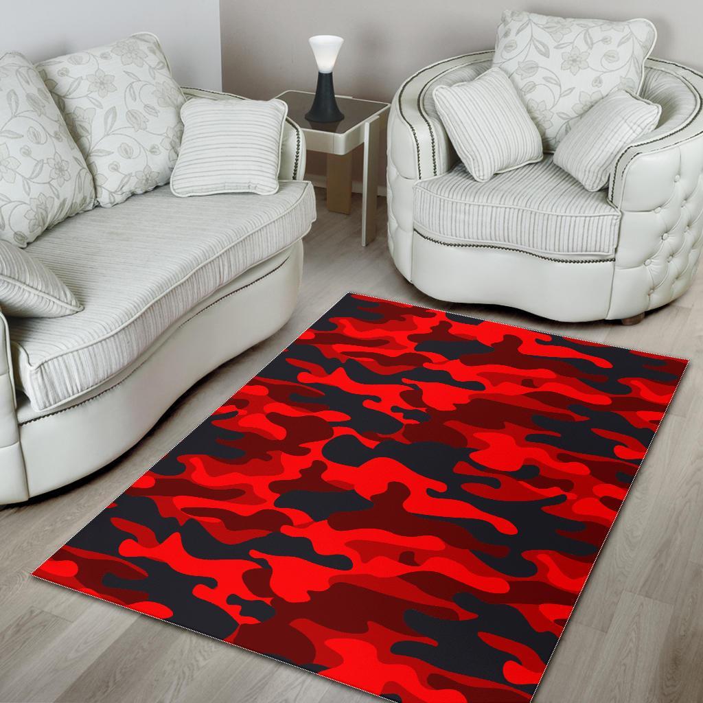 Red And Black Camouflage Print Area Rug