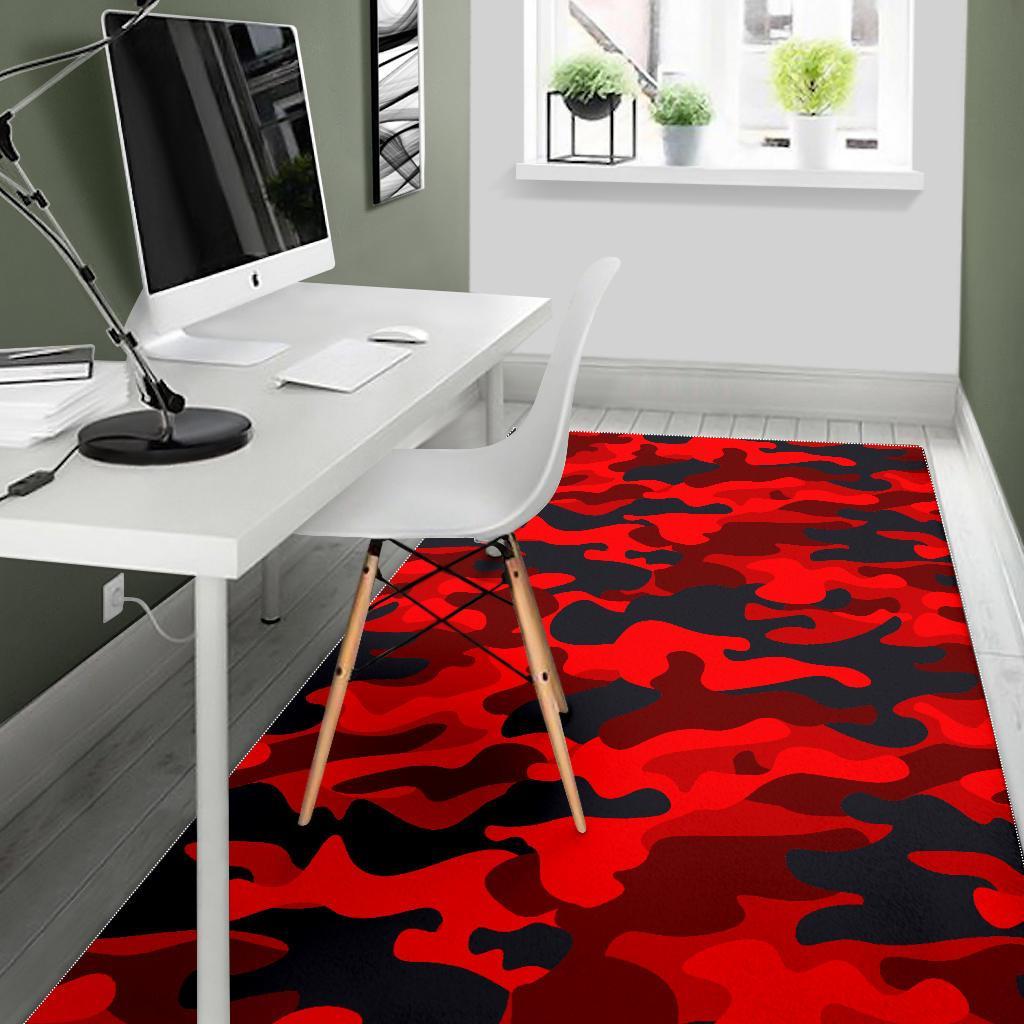 Red And Black Camouflage Print Area Rug