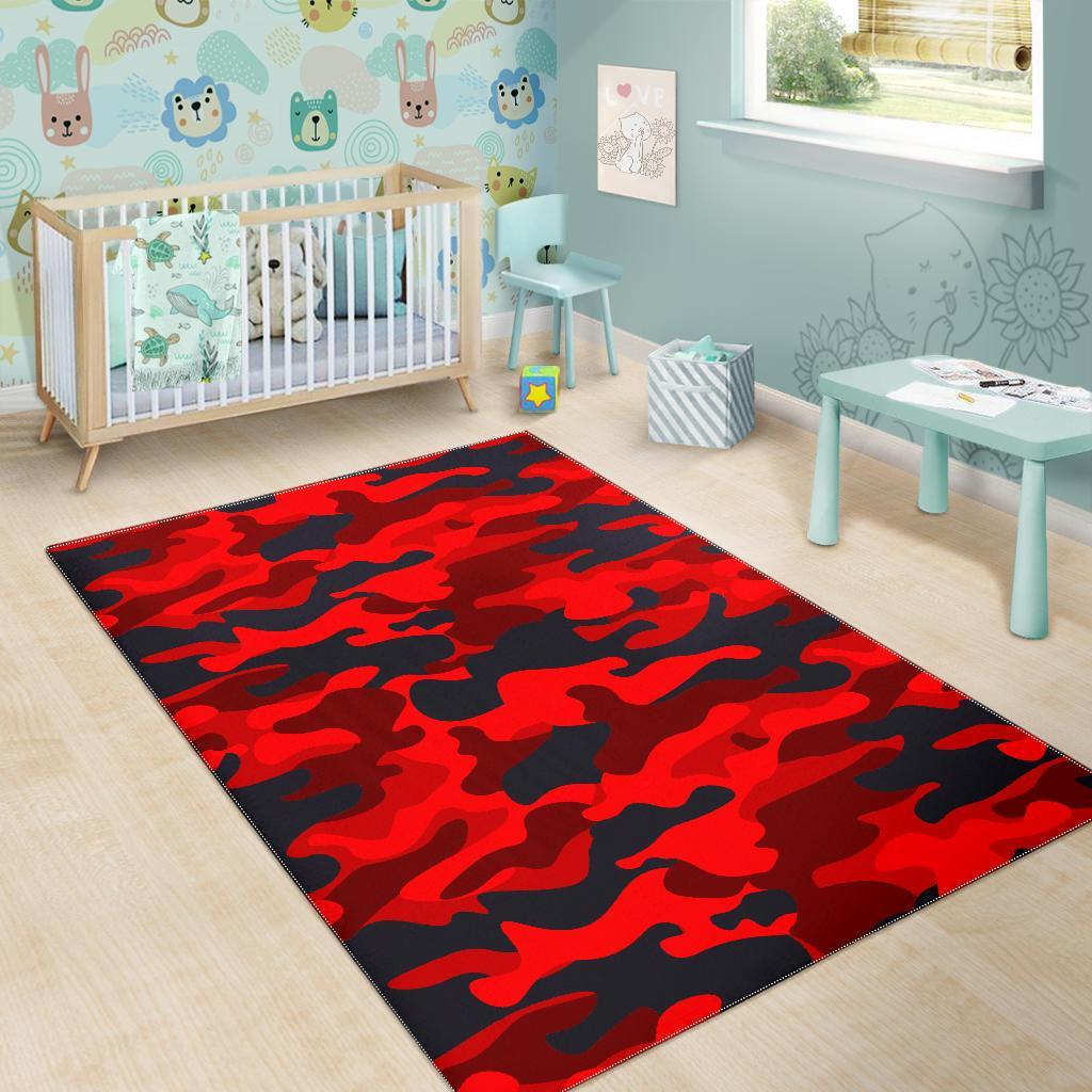 Red And Black Camouflage Print Area Rug