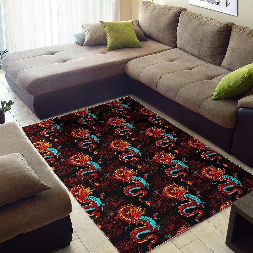 Red Dragon Lotus Pattern Print Area Rug