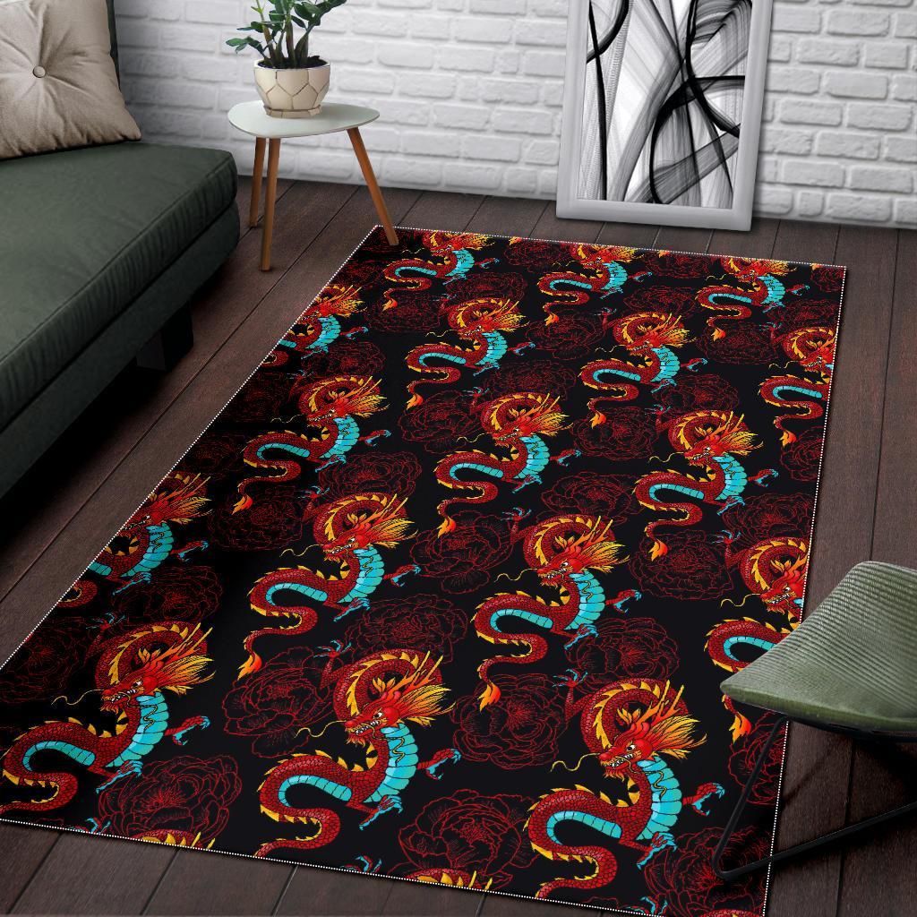 Red Dragon Lotus Pattern Print Area Rug