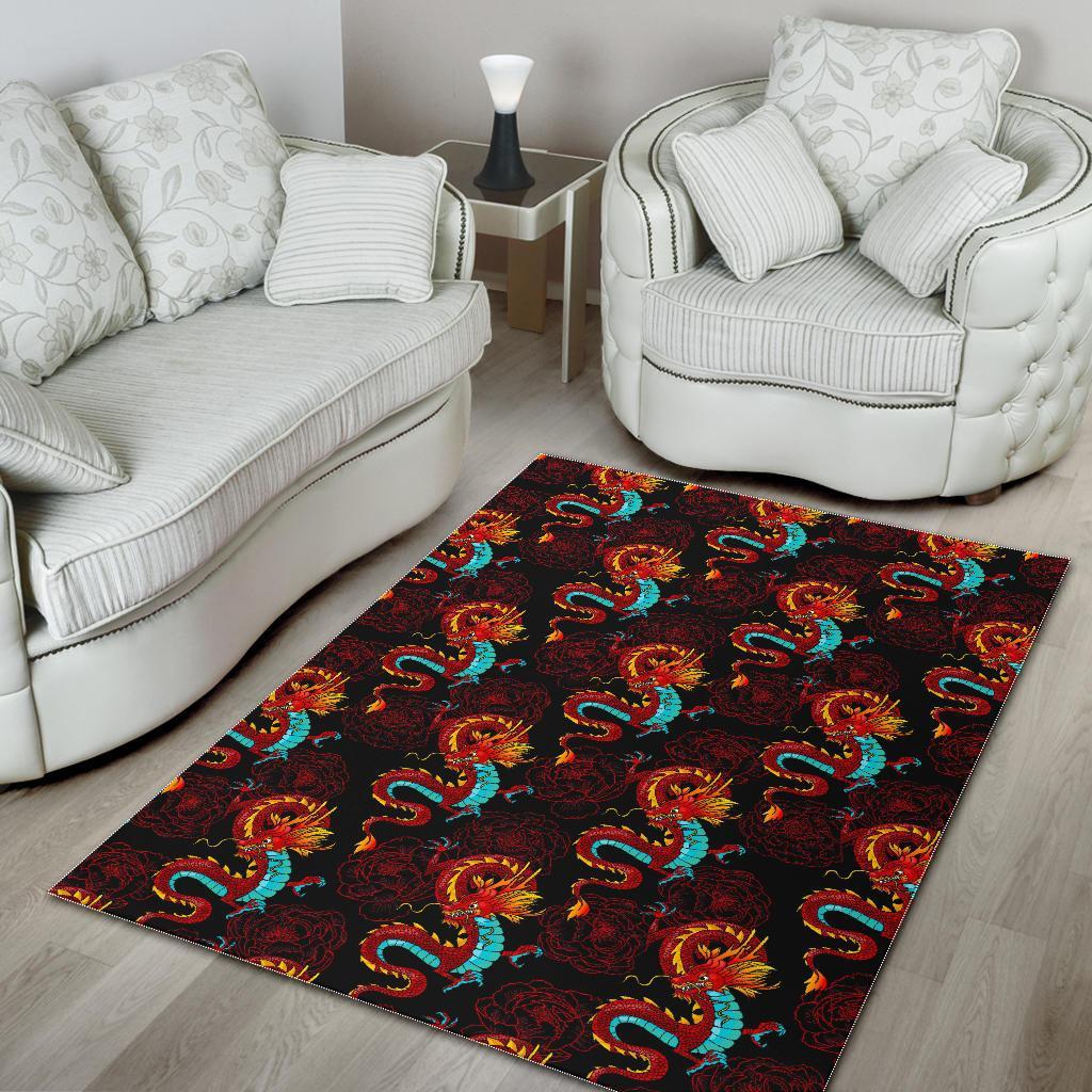 Red Dragon Lotus Pattern Print Area Rug