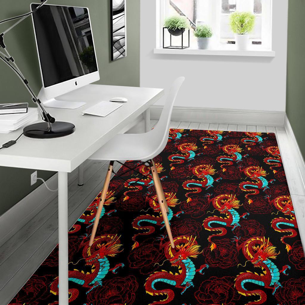 Red Dragon Lotus Pattern Print Area Rug